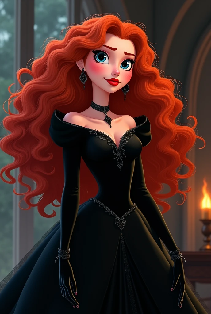 One princess, red eyed, Red-hair, with a small crown with ruby diamonds and a long black fabric dress with a black diamond necklace and matching heels