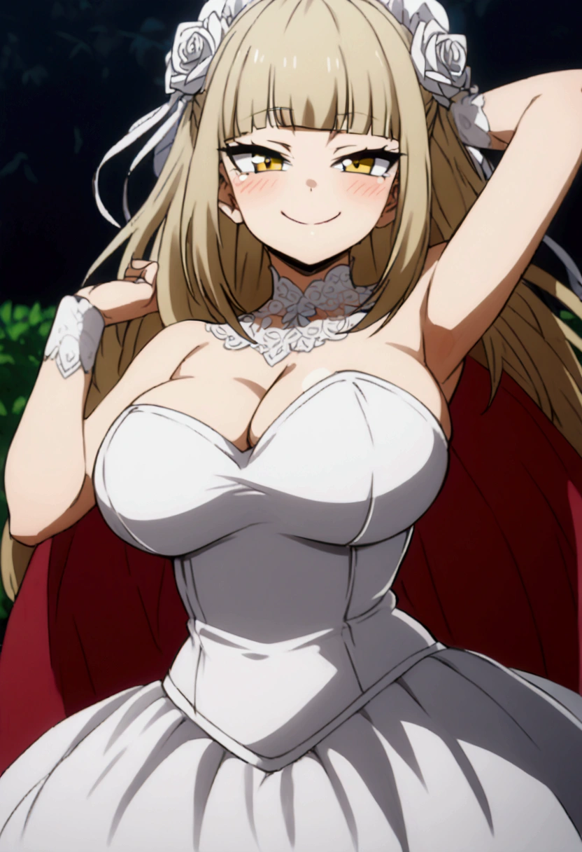 Character Himiko Toga from the anime boku no hero with big boobs wearing a sexy wedding dress and looking to the camera with a naughty face