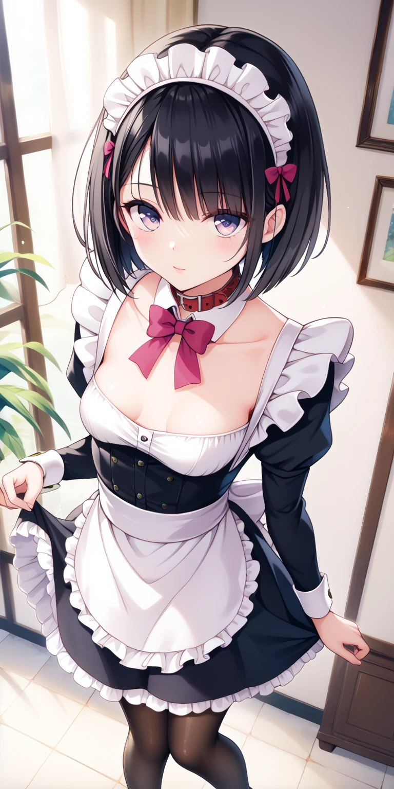  masterpiece , One Maid Girl ,　(( exclusive maid clothes accented with dark blue fabric and white fabric on the collar and hem:1.4)),(( maid skirt:1.4)), Long Sleeve ,White salon apron ,(( Black Garter Belt and Black Knee-High Tights :1.2)),Height: 160cm, beautiful body line ,Small beautiful breasts ,(( black hair, bob cut :1.4)), cute and cool woman with light purple eyes , beautiful model standing,Horizontal oblique view from above 