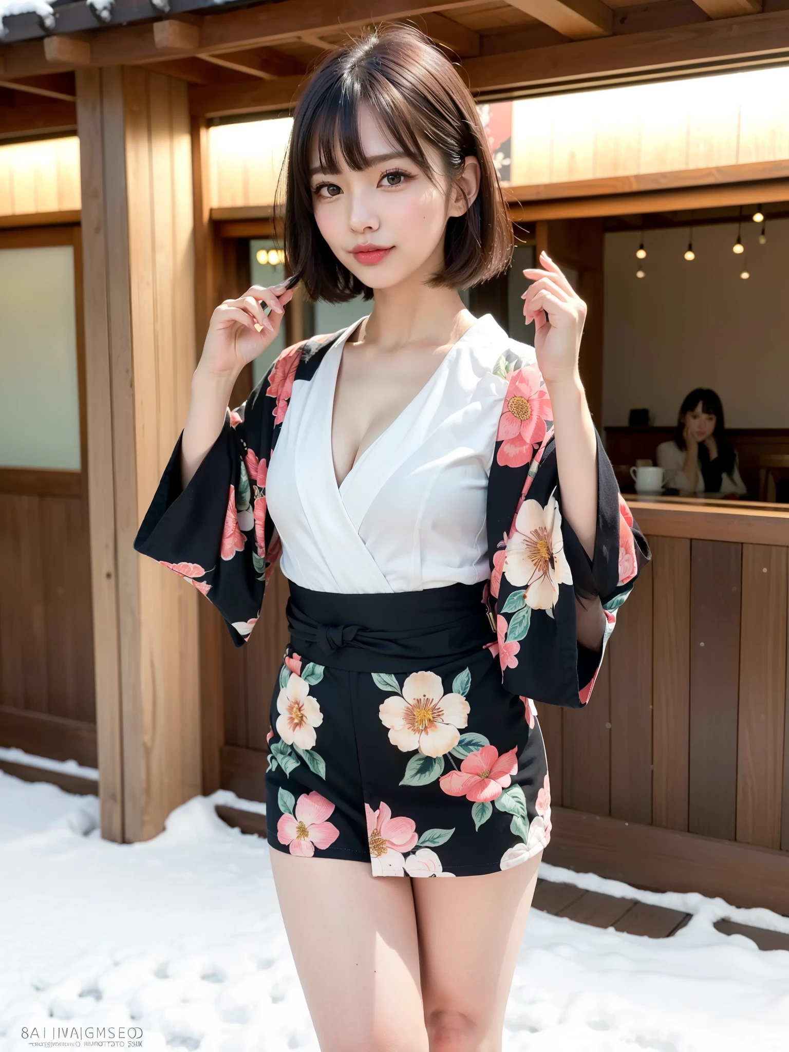 ((Japan girl in yukata style school swimsuit)), 18-years-old,bangss,Thin eyebrows,a little bit smile,poneyTail,thighs thighs thighs thighs,shores,is standing