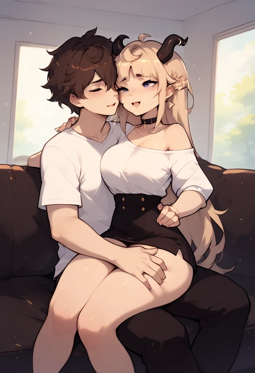 Mimi (typh), long blond hair, black horns, sitting on a man's lap, satisfaction