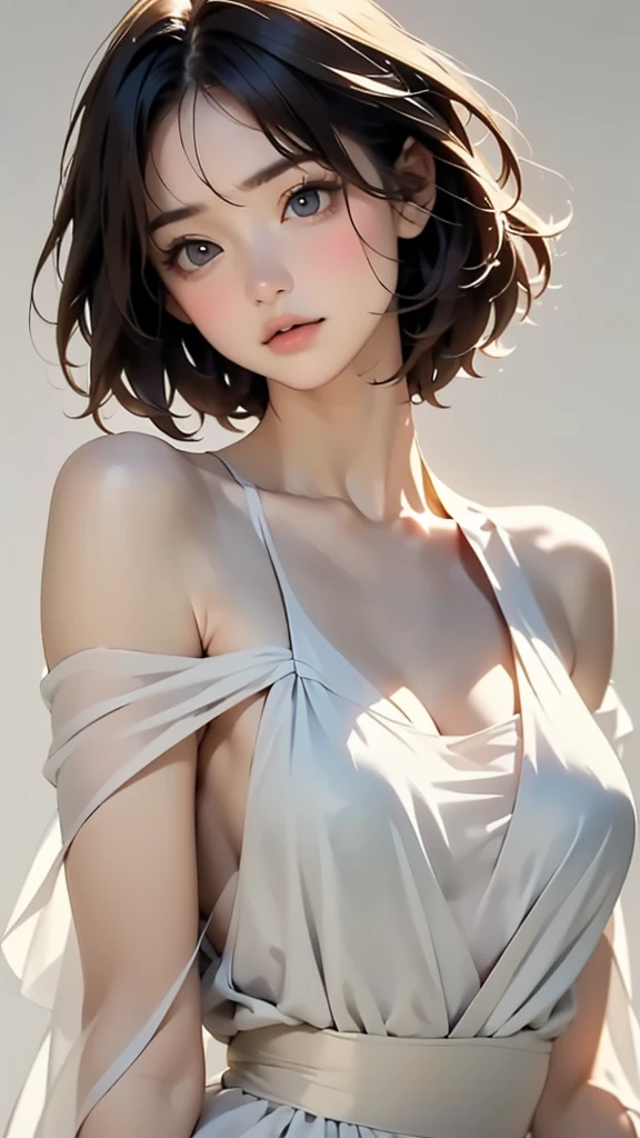 (Image from chest up:1.4)((masterpiece:1.5,Highest quality,Beautiful images、2.5D、Abstract、Artistic、Portraiture))(One girl, solo)(Cute Girls、large breasts, Gray Hair、short hair、Beautiful breasts、Off-the-shoulder outfit)(profile、Look at an angle、shake your head、Sad look, Floating Hair、Backlight)(Plain background:1.5)((Dynamic Angle:1.5)),See-through gown, ((Extremely precise and accurate anatomy:1.0)),Kind eyes,Graceful pose,(Beauty of form:1.4) Golden ratio, big eye,(nature's providence:1.4),