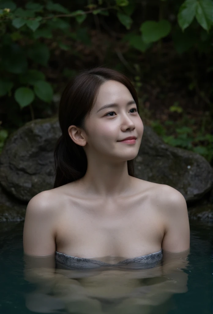 Best quality, masterpiece, super high resolution, a super model soaking in a hot spring in Japan, outdoor hot spring, stone hot spring, surrounded by moss and trees, super beautiful face, pure body, clear pores visible, (smile:0.8), wearing split (lace bandeau:1.2), (realism:1.5), original photo, soaked body, covered in sweat, bare shoulders, in the dark, deep shadows, low-key, cold light