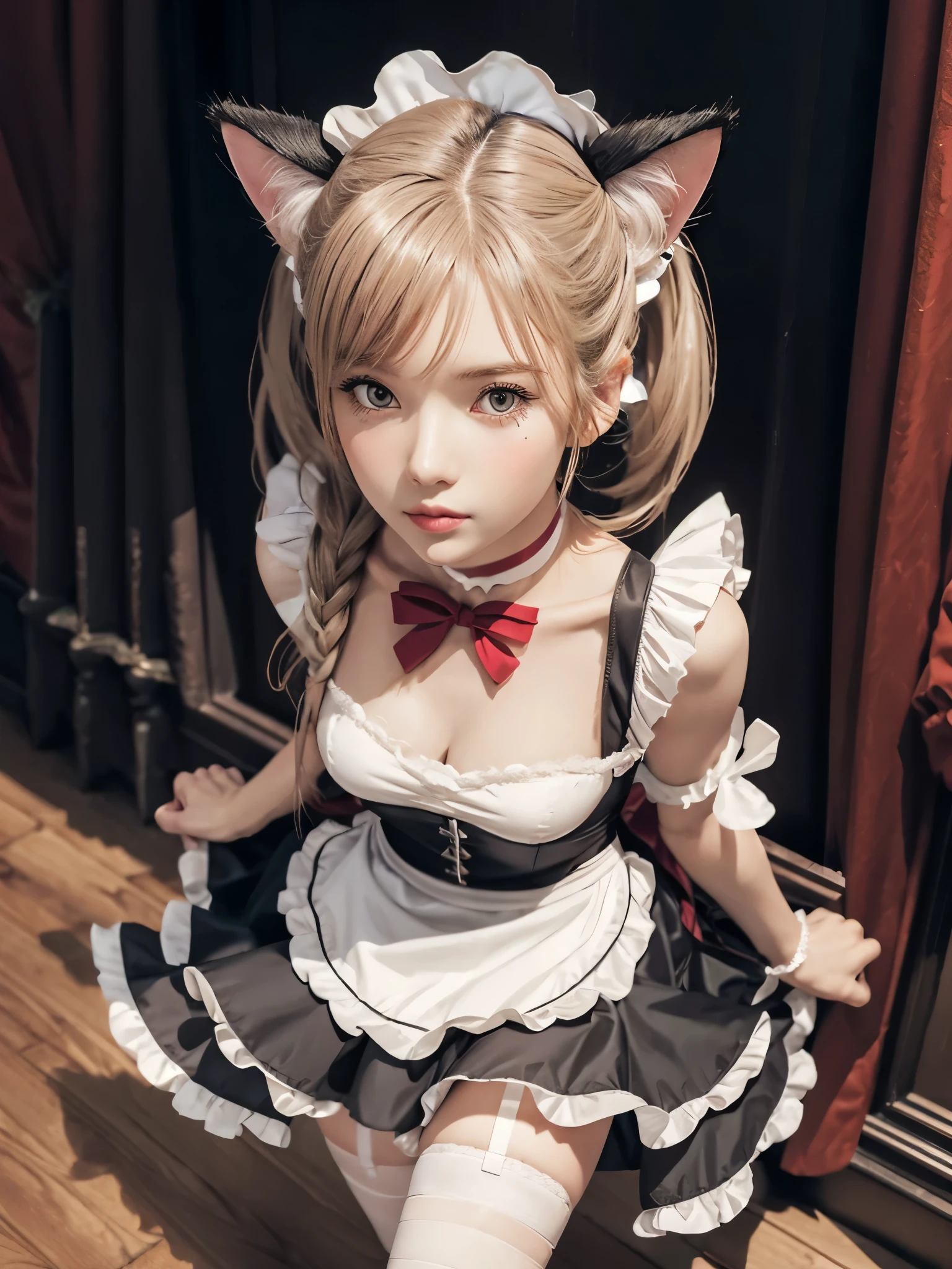 girl, from above, (breasts), low twintails, long hair, bangs, looking at viewer, tareme, cat ears, maid outfit, sleeveless, ruffles, maid band, skirt, stockings, choker, ribbons, mastery, realistic, gracious, super crooked, neon lines, very elegant, super low cut, dark, sexy, black and red colada, bandages, 