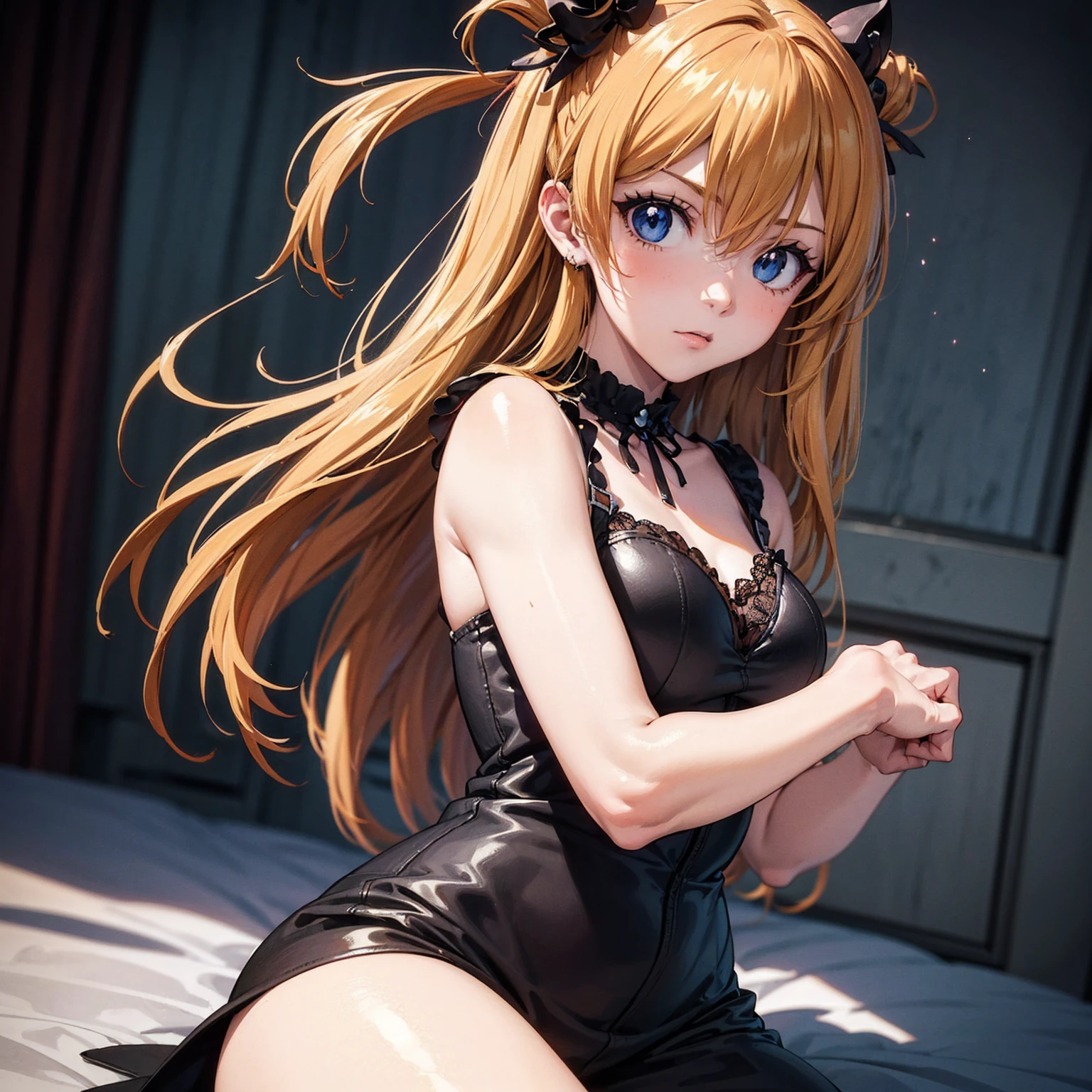 loli, flat chest, big lips, latex highleg strapless leotard, lipstick, long hair, blonde cat ears, platinum blonde, striped tail, twin tails, bell collar, freckles, light smile