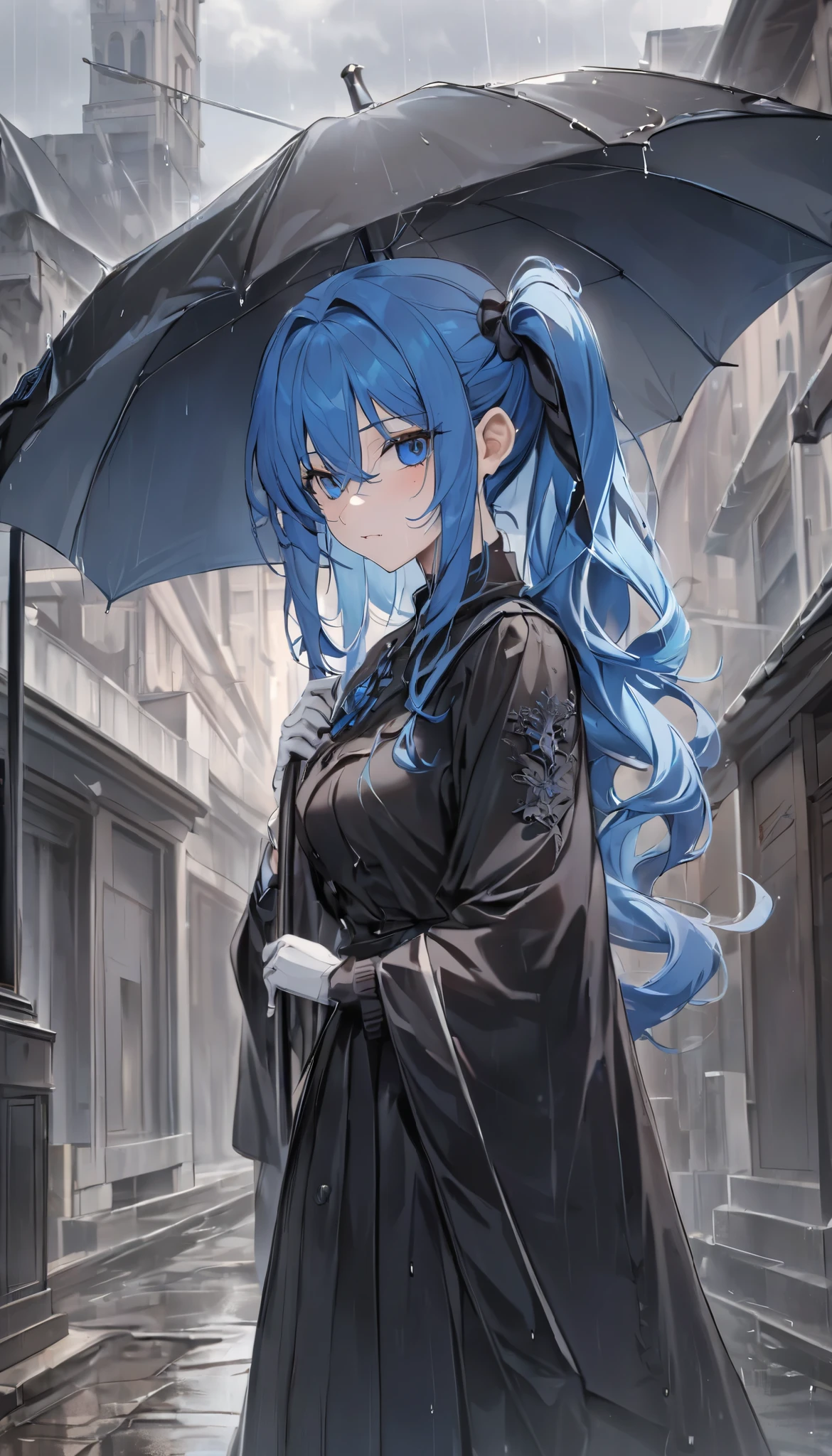 (((Best quality, 8k, Masterpiece: 1.3)), ((best quality)), ((masterpiece)), (detailed), perfect face, perfect body, (detailed skin:1.3), (intricate details), longeyelashes, blue hair, side ponytail, streaming tears, pointy ears, Surrealism, drop shadow, tachi-e, Widow, mourning clothes, Funeral, Rainy Sky