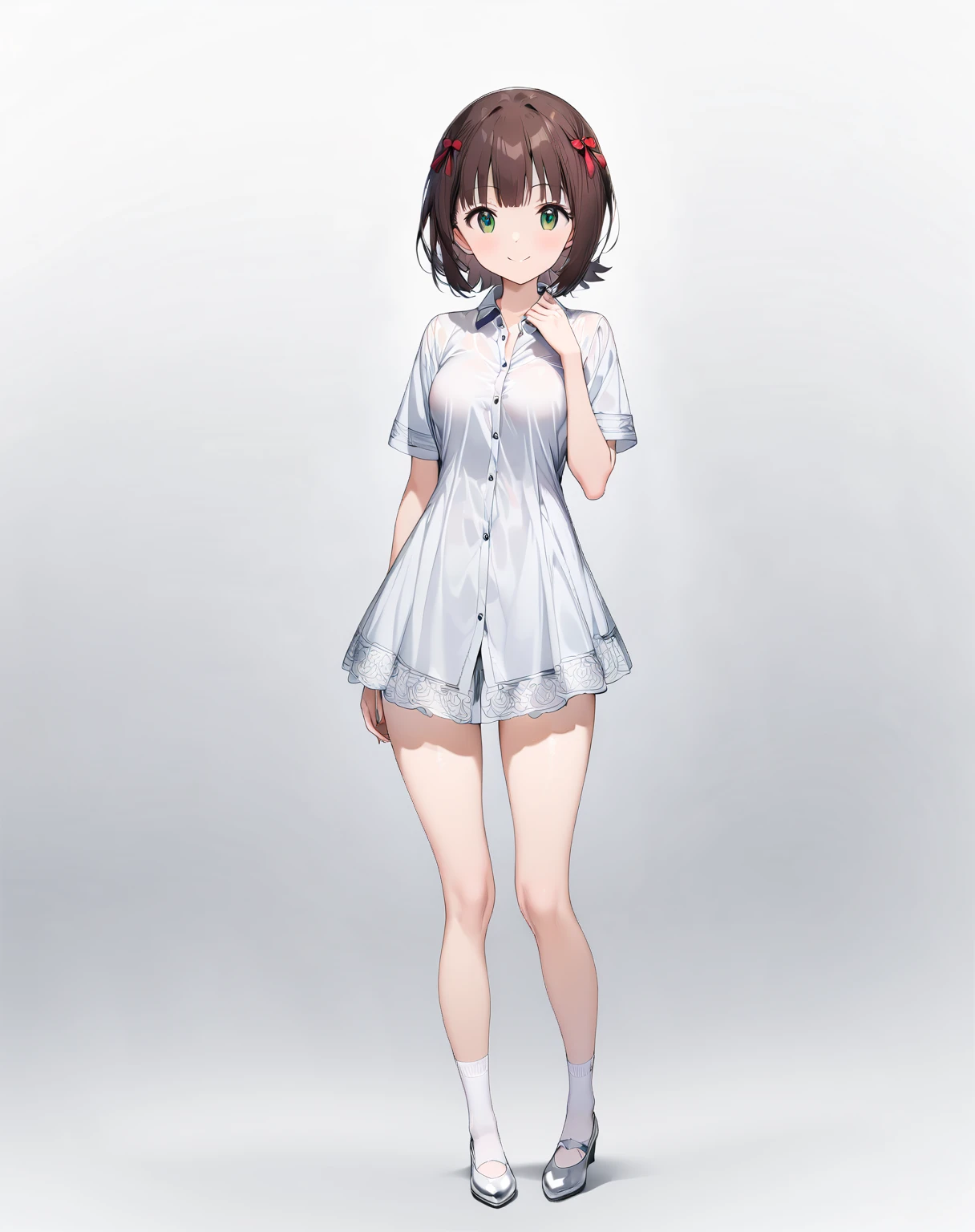 (1 girl),(Alone),

(Amami Haruka )、Amami Haruka、
(masterpiece)、 top quality、 high definition 、 intricate details 、4K、8k、
(Light gray background)、Grey Room、
( from head to toe:1.5、full body view:1.5)、At the center:1.2、

((round face))、(Brighten your face:0.7)、(Big green eyes:1.3)、(非常に detailed face )、(small round hairstyle)、
((( short short hair:2.5)))、(Brown Hair)、(bangs:0.5)、(A small red ribbon in her hair)、
( detailed face :0.7)、(smile)、
Round Breasts、

 Video 、 slender figure、 PERFECT FIVE FINGERS 、

(fair skin)、 Delicate Smooth Skin 、 beautiful skin、

break
(Formal shirt:1.5)、
(Tulip skirt)、
White knee-high socks、
White pumps、

very short hair, 

looking at viewer, 

Slight Body,
Medium Breasts,
Petite Height,

(Alone Focus:1.0),
(Standing:1.4),
(Seductive pose:0.3),

(Full body Shot:1.2), 
(From the front:1.5),

(No background),