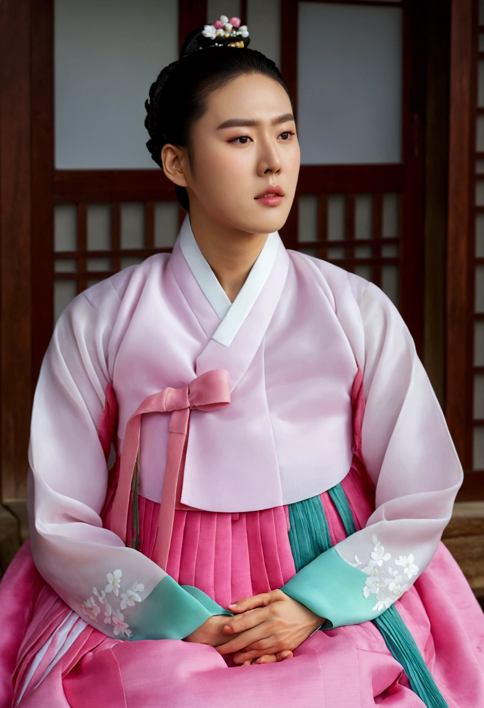  very clear image quality ,  best quality , 8k,  A Korean man is wearing a women's hanbok ,  He's a female man ,  His chest has big breasts like a woman,  His face is very masculine ,  His hair is short like a man ,  A luxurious woman's hanbok made of silk , The Hanbok jacket is very small ,  pink and white, Sitting modestly