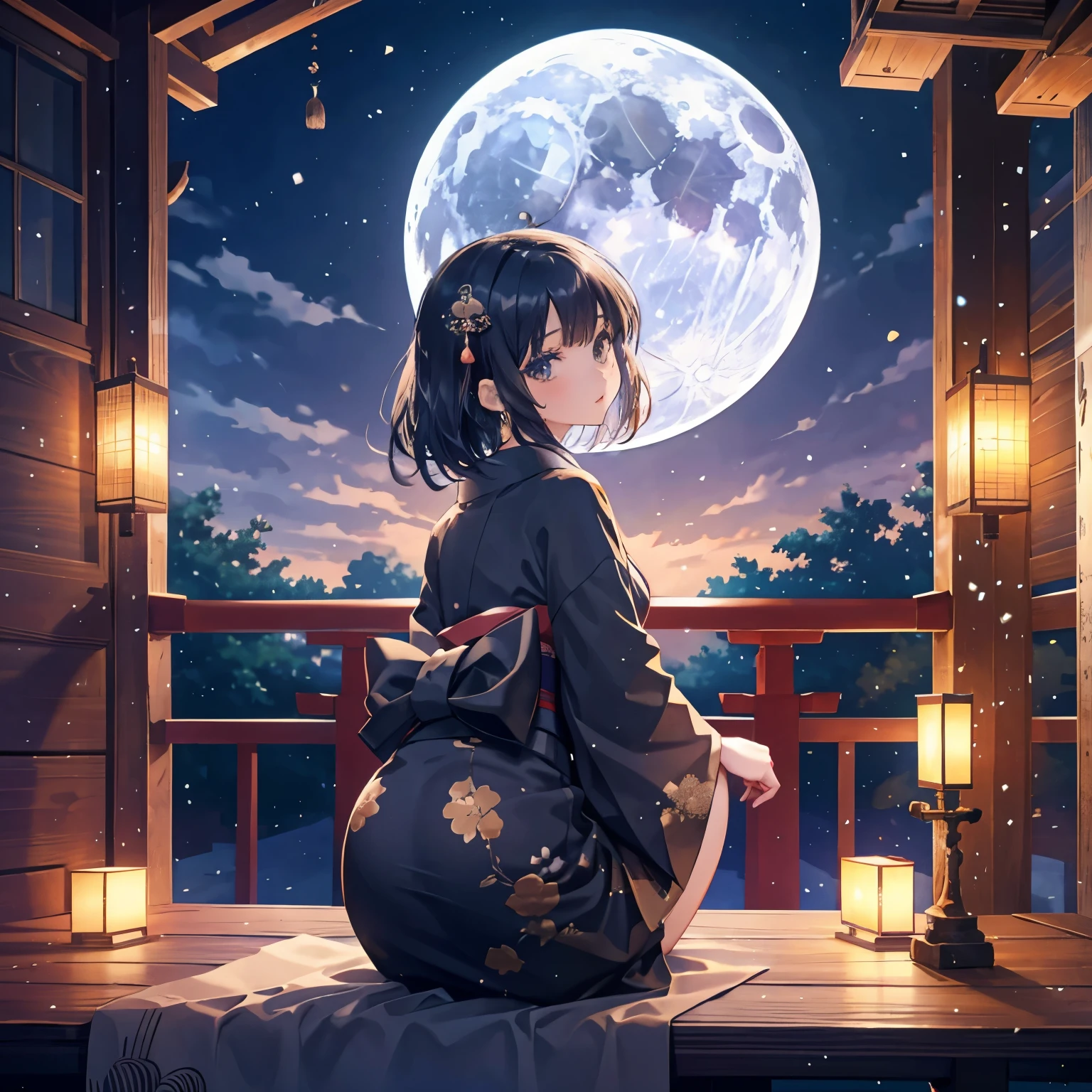 A girl is looking backwards at the moon, The girl with long black hair hanging down the floor ,  11 kimono is a ten-fold kimono worn by aristocrat women in the Heian period.,  The far side of the moon, The girl in the background is looking at the beautiful moon., (On a Japanese-style balcony:1.2), Set the Tsukimi Dango aside, Nearby is a vase filled with soot.,  colorful ,  ultra-detailed, High quality images, [[[[[Multiple arms]]]]]