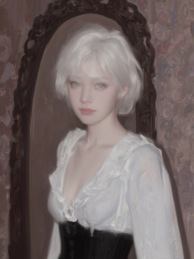 Digital painting of a woman with short, white hair and striking green eyes, standing in a side profile. They have fair skin and are wearing a fitted white blouse with ruffled details and a high-waisted black corset. The background includes an ornate, vintage-style room with a large, oval mirror and intricate wallpaper featuring floral patterns. The overall color palette is muted, with earthy tones and soft lighting, creating a classic and elegant atmosphere. The character's expression is calm and poised, adding to the sophisticated aesthetic of the scene.