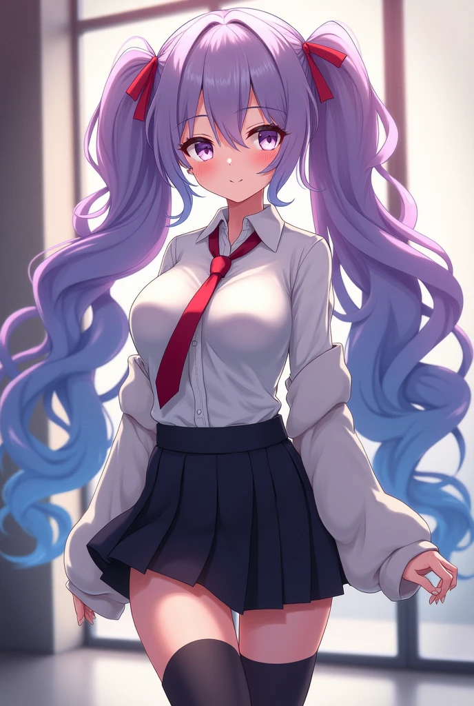 ((1girl)),((alone)), akari watanabe, (masterpiece), (best quality), (ultra detailed), (best illustration), (best shadow), (absurdities), sharp focus, cowboy photo , looking at viewer, large breasts, narrow waist, wide hips, medium thighs, round butt, dynamic posture, long hair, pink hair, blue eyes, blue bow, double bun, conical bun, skirt, long sleeve shirt, folded sleeves elbow-length, jewelry, pleated skirt, earrings, blue skirt, short skirt, blue shirt, smiling, playful look, seductive smile, closed mouth, serious expression, (sexy pose: 1.2), ((solo)), standing : 1.3, interior, school, classroom, desks, desk, window, sunset, looking forward ((focus on thighs), point of view (from below), red blush, perfect anatomy, perfect hands.