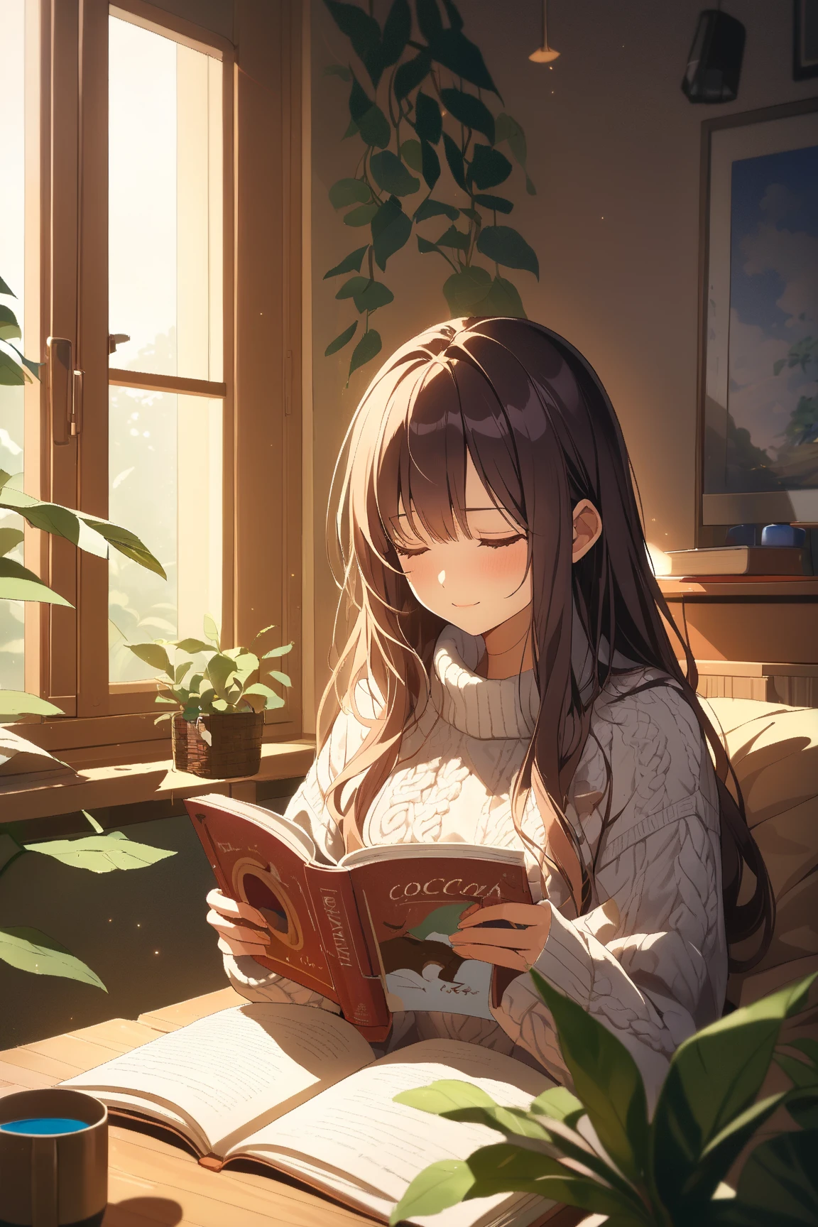 1 girl, (cute face), , long hair, (thoughtful expression), (reading a book:1.2), medium breasts, (wearing a cozy sweater), (sitting by a window), BREAK  
Rainy day outside, warm indoor light, (surrounded by plants:1.2), a mug of hot cocoa, (serene atmosphere:1.2), peaceful setting, BREAK  
(soft lighting, gentle shadows, cozy vibe), anime art style, game cg, BREAK  
absurdres, highres, ultra detailed, beautiful, masterpiece, best quality,