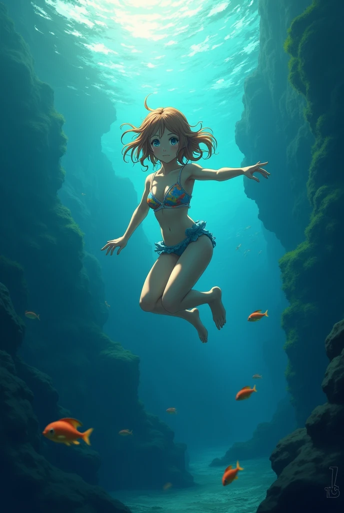 There is a naked black woman swimming deep underwater, struggling, trying to escape, ancient ruins nearby, bubbles everywhere, sinking, underwater, drowning