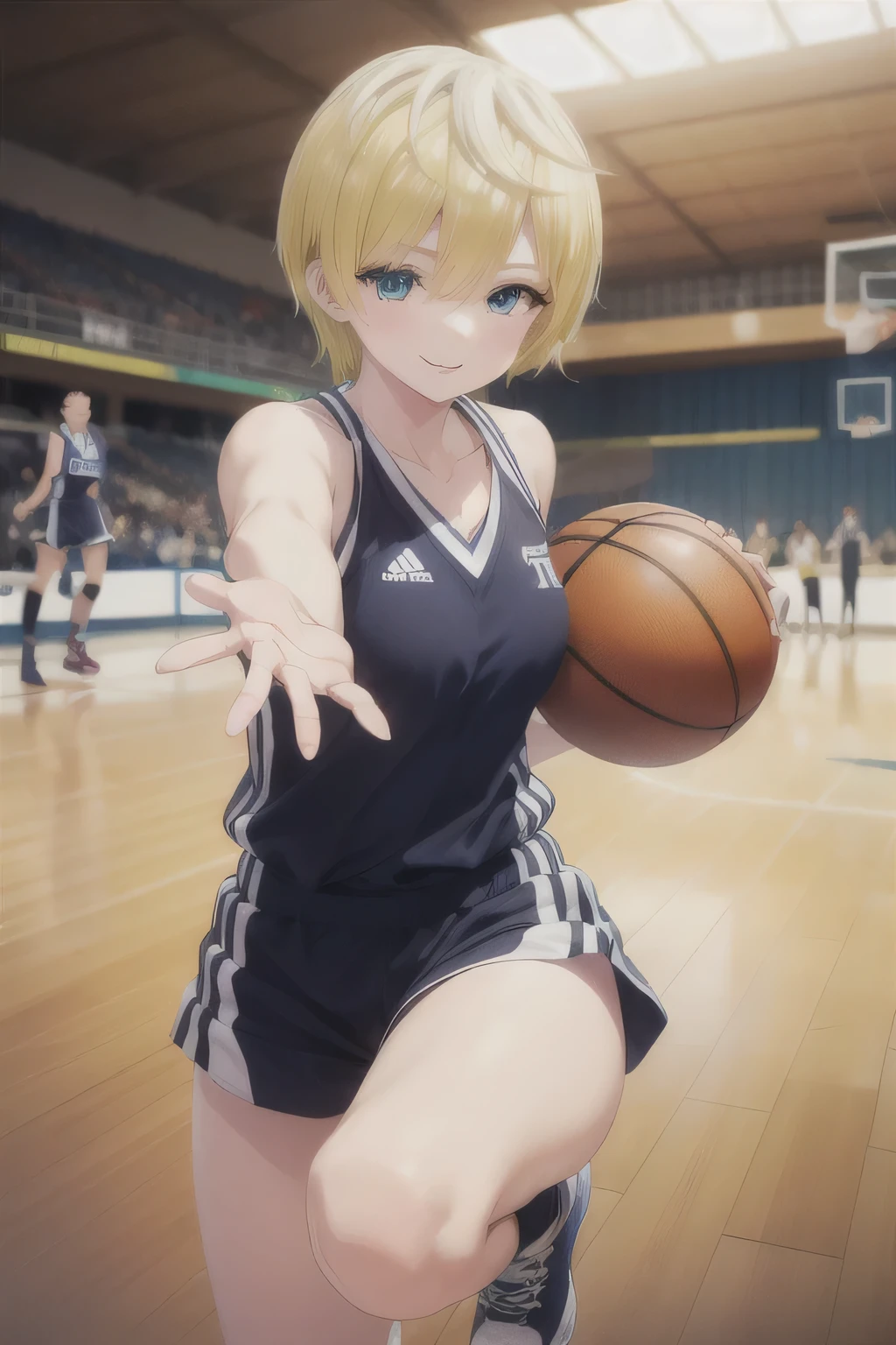 A young female basketball player performing a vivid jump shot. She holds the ball firmly in both hands, aiming for the goal with perfect form. Her slim basketball uniform accentuates her toned body, and black high socks add a stylish contrast. Her carefully braided blonde hair sways gently as she jumps, with blue eyes expressing intense concentration. The polished wooden floor of the brightly lit gymnasium enhances the atmosphere, capturing the strength, elegance, and beauty of the sport. short haired , blue eyes, blonde hair , smile, ( masterpiece :1.2), top quality, high definition , unity 8k 壁紙, (Illustration:0.8), ( beautiful detailed eyes:1.6), extremely detailed face, PERFECT LIGHTING , very detailed CG, ( perfect hand , perfect anatomy),