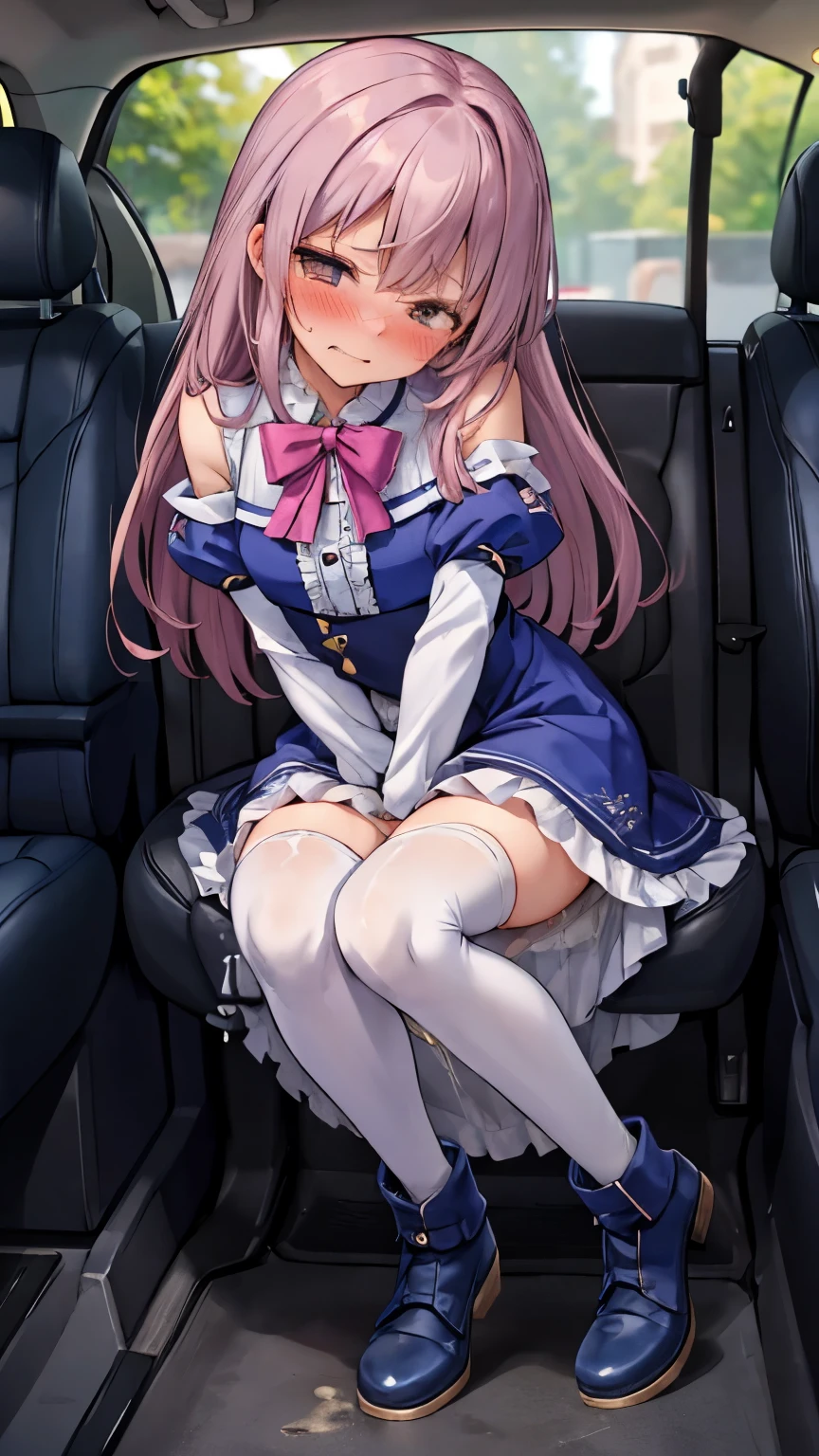 (8K, ultra-detailed, best quality, anatomically perfect body:2), (beautiful breast:1.2), shiny skin, (have to pee, shaking with the effort to hold pee), (desperate urge to pee), (very desperate to pee), (her bladder is at its limit, unable to hold pee), (in the car, sitting very shallowly, shrink:1.6), (peeing self), (frilled long dress, pantyhose:1.5), (ankle boots with heel:1.2), (panty pull:1.2), (Untidy hair:1.4), (She rubbing her crotch in agony very hard:1.8), (bent over:1.6), (jiggled, twisting and turning whole body:1.8), (panting), (orgasm:1.5), (full face blush:1.7), (embarrassment:1.6), (impatience:1.7), (flustered:1.5), breathless, (Humiliation), (turn on), (closed eyes:0.9), looking away, (arousal), (head tilt:1.2), (little open lips), (SIGMA 105 mm F/2.8, 1/100 sec shutter, award-winning), restroom, (ultra-detailed face:1.2), from side, nsfw,