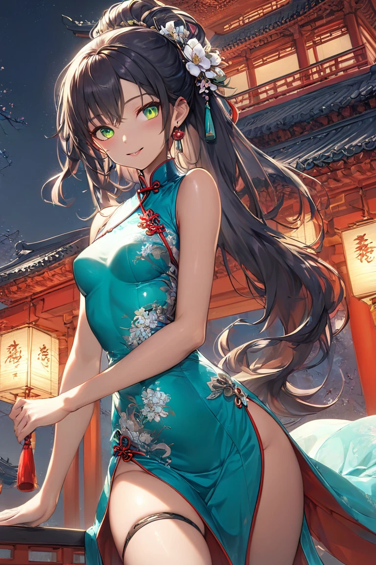 realistic image, coherent image, detailed image, 1 beautiful elf. She has black hair, long hair. Turquoise eyes, long eyelashes. Her face is oval and delicate. Smiling happily. She is wearing a Cheongsam, side slits. She has a curvy body, medium breasts and thick thighs. Chinese temple, flower petals falling around. ambient light, volumetric light,