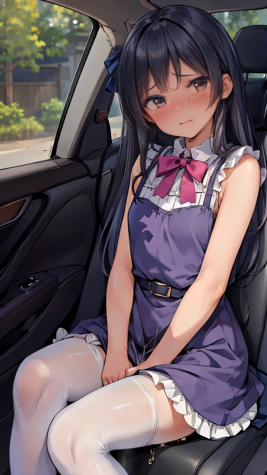 (8K, ultra-detailed, best quality, anatomically perfect body:2), (beautiful breast:1.2), shiny skin, (have to pee, shaking with the effort to hold pee), (desperate urge to pee), (very desperate to pee), (her bladder is at its limit, unable to hold pee), (in the car, sitting very shallowly, shrink:1.6), (peeing self), (frilled long dress, pantyhose:1.5), (ankle boots with heel:1.2), (panty pull:1.2), (Untidy hair:1.4), (She rubbing her crotch in agony very hard:1.8), (bent over:1.6), (jiggled, twisting and turning whole body:1.8), (panting), (orgasm:1.5), (full face blush:1.7), (embarrassment:1.6), (impatience:1.7), (flustered:1.5), breathless, (Humiliation), (turn on), (closed eyes:0.9), looking away, (arousal), (head tilt:1.2), (little open lips), (SIGMA 105 mm F/2.8, 1/100 sec shutter, award-winning), restroom, (ultra-detailed face:1.2), from side, nsfw,