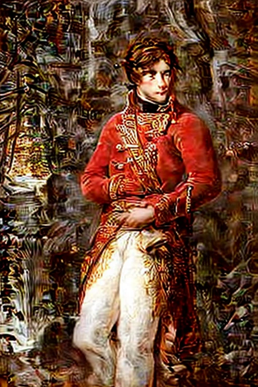 18th century young man, leader, with copper brown hair and vibrant eyes
