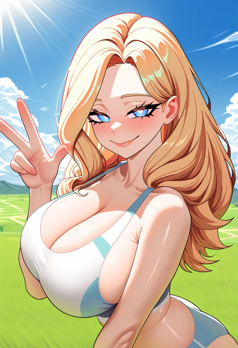  masterpiece ,  best quality , newer, 1 girl,  looking at the viewer ,  gunman shot ,
monte_dama, Ojos rojos,  blond hair ,  long hair, perforar el cabello, bright pupils,
 big breasts , Lips, smile, Heart with fingers, 
outdoors, Grass, landscape, cloud, Sunlight, field, summer,  swimsuit, ojos rosados