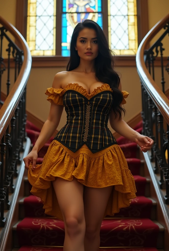 hungarian 23 year old, big blue eyes, wavy hair, curtain bangs, big , red corset top, at nightclub, holding cocktail