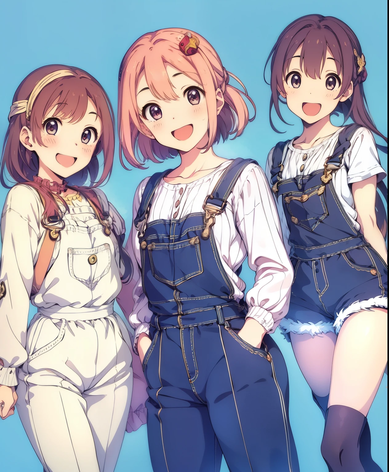 (masterpiece、 top quality、 top quality、 Official Art 、 beautiful and beautiful :1.2)、8-****-***、 cute girl、 overalls 、A happy smile、 simple background, 3 girls