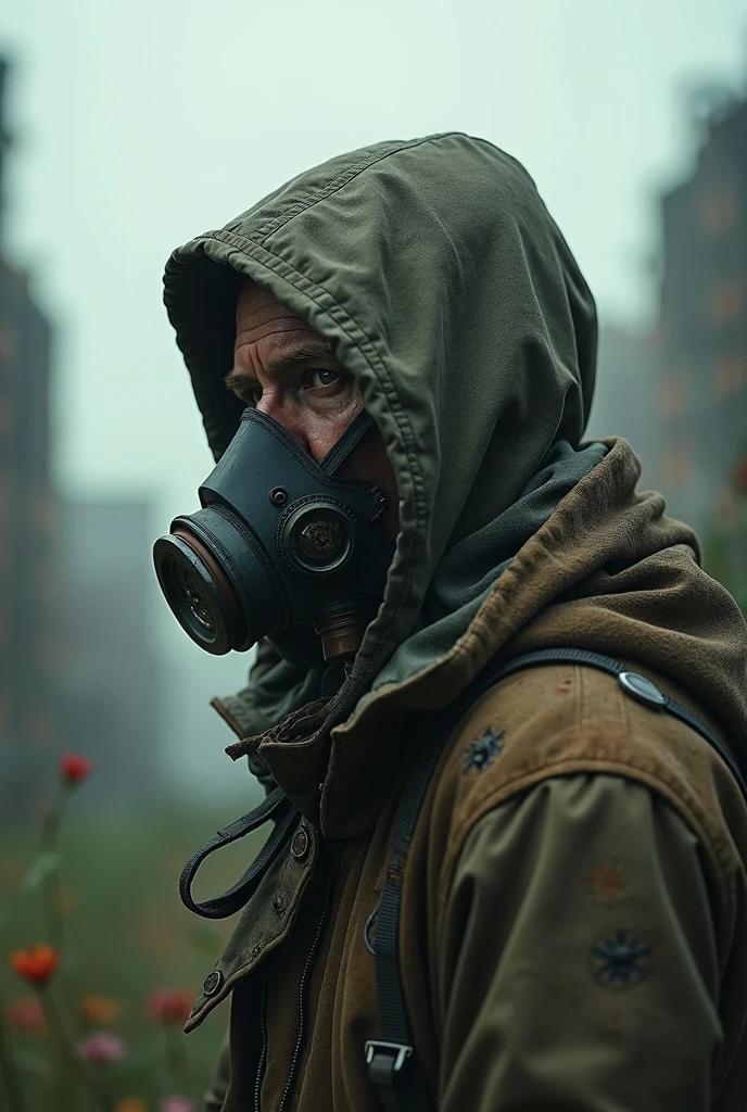 photorealism, hyperrealism, cinematic, A stunning street style portrait of a rugged post-apocalyptic, of DR. OTTO OCTAVIUS, braving the elements.using your mask. Dressed in traditional costume with military camouflage details with a worn texture, he stands against a desolate urban backdrop. Rain falls, creating a cinematic atmosphere as the drops hit the surface of the coat. Intricate details such as patched repairs and buckled straps accentuate the character's resilience and resourcefulness. The scene is captured in a high-contrast, emphasizing the interplay of light and shadows.