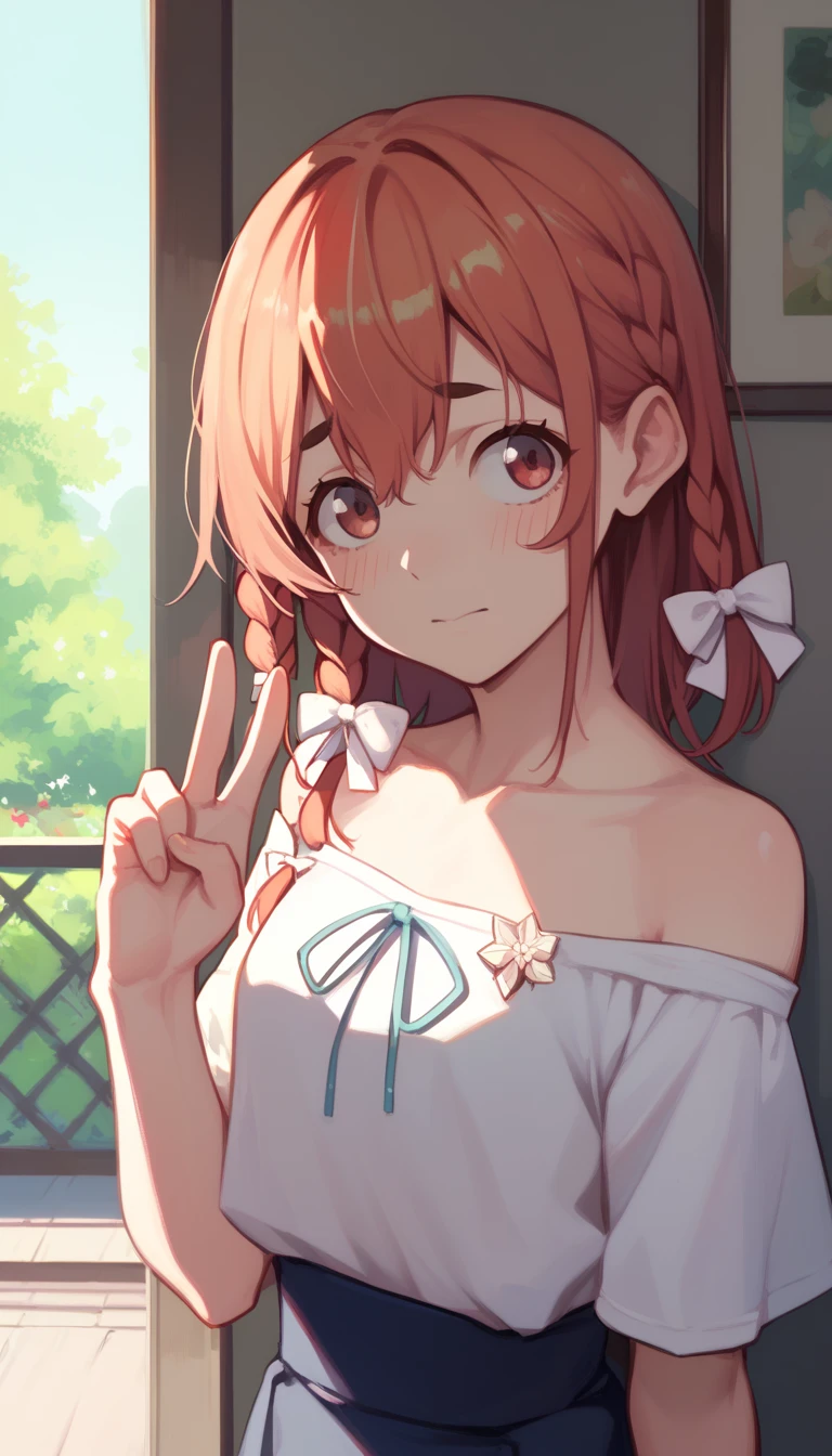 2D, masterpiece, best quality, anime, highly detailed, 1girl, Alone, sakurasawa sumi, side braid, hair bow, white bow,  shy ,  shirtless,  peace sign