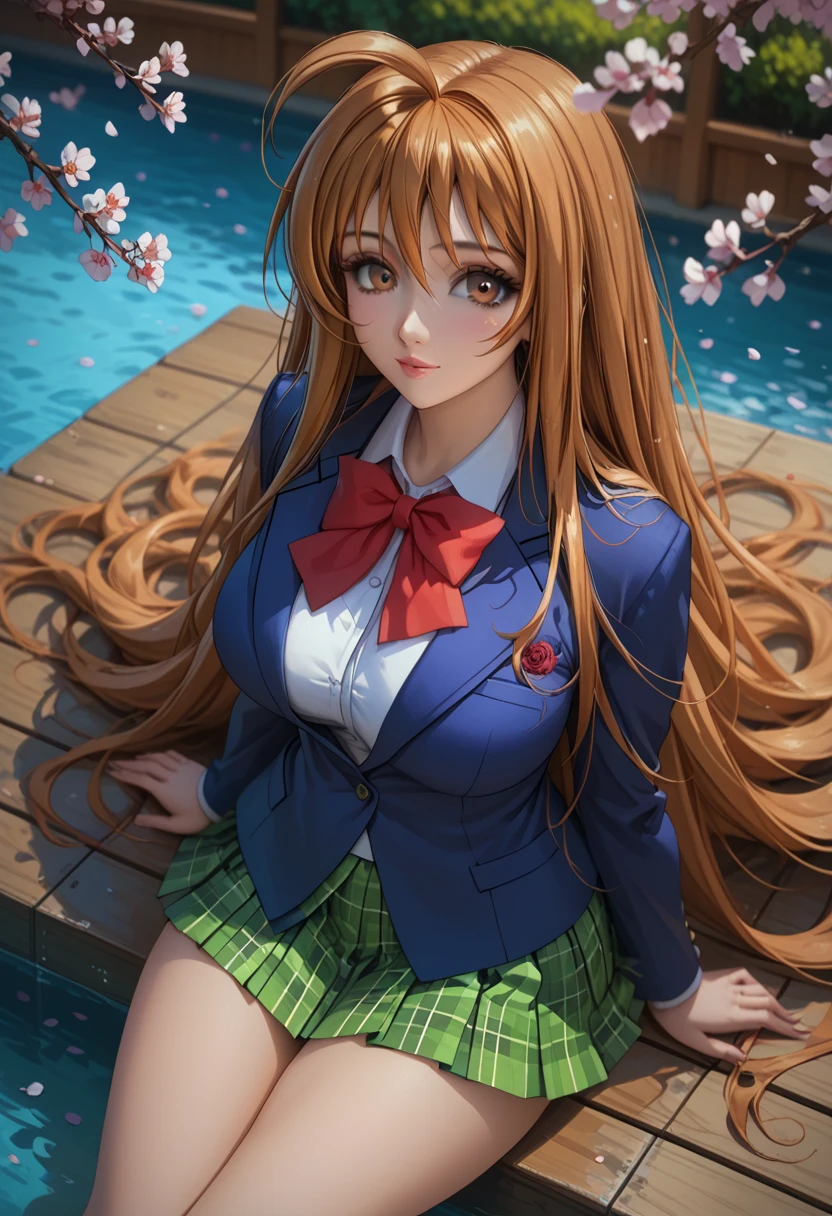 score_9, score_8_up, score_7_up, 1girl, solo, beautiful waifu, thicc, tall, mature sexy woman, (Aya Natsume, natsume aya, orange hair, long hair, brown eyes, ahoge:1.2), wearing (white school uniform, skirt, short skirt, plaid, green plaid skirt:1.1), (blue blazer:1.1), detailed eyes, detailed face, flirt, (sexy pose:1.2), sitting, in beautiful Kyoto park, cherry blossoms, lowlight, early evening, shallow depth of field, (high angle, shot from above:1.2).