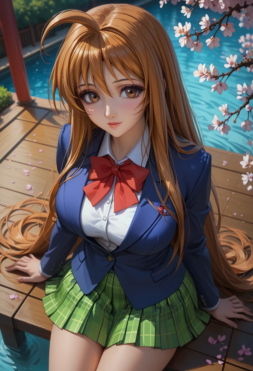 score_9, score_8_up, score_7_up, 1girl, solo, beautiful waifu, thicc, tall, mature sexy woman, (Aya Natsume, natsume aya, orange hair, long hair, brown eyes, ahoge:1.2), wearing (white school uniform, skirt, short skirt, plaid, green plaid skirt:1.1), (blue blazer:1.1), detailed eyes, detailed face, flirt, (sexy pose:1.2), sitting, in beautiful Kyoto park, cherry blossoms, lowlight, early evening, shallow depth of field, (high angle, shot from above:1.2).