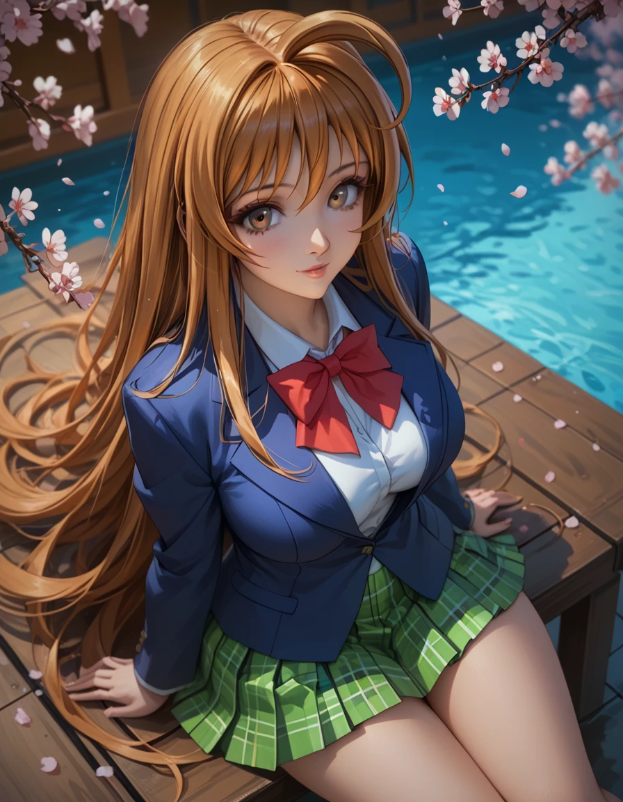 score_9, score_8_up, score_7_up, 1girl, solo, beautiful waifu, thicc, tall, mature sexy woman, (Aya Natsume, natsume aya, orange hair, long hair, brown eyes, ahoge:1.2), wearing (white school uniform, skirt, short skirt, plaid, green plaid skirt:1.1), (blue blazer:1.1), detailed eyes, detailed face, flirt, (sexy pose:1.2), sitting, in beautiful Kyoto park, cherry blossoms, lowlight, early evening, shallow depth of field, (high angle, shot from above:1.2).