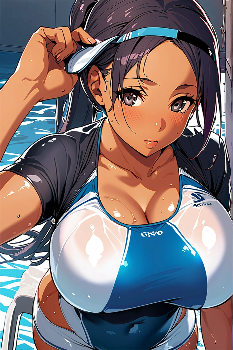  1 girl in uniform, generally, Alone, s tanding,  long hair,  ponytail,  black hair,  dark eyes,  CONTEST SWIMSUIT, Covered navel, lips,  Big Breasts , Athletic ability, ( tan:1.2),  wet,  wet swimsuit,  wet hair, breathe, Steam Body, Radiant skin , hold swim cap, Swimming Goggles, Goggles on neck,  outdoors, Pool, Poolside, Pool ladder,  masterpiece  ,  top quality,  Great Quality ,  Very Beautiful ,  absurd, up to date