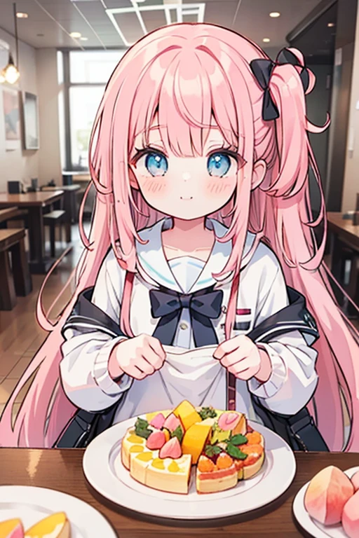 absurd, High resolution, (anime style:1.1), ((table top)), ((highest quality)), (Super detailed), (beautiful)、(lift),cute、holding a peach in your hand、Peach on the background,pink hair color