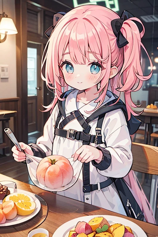 absurd, High resolution, (anime style:1.1), ((table top)), ((highest quality)), (Super detailed), (beautiful)、(lift),cute、holding a peach in your hand、Peach on the background,pink hair color