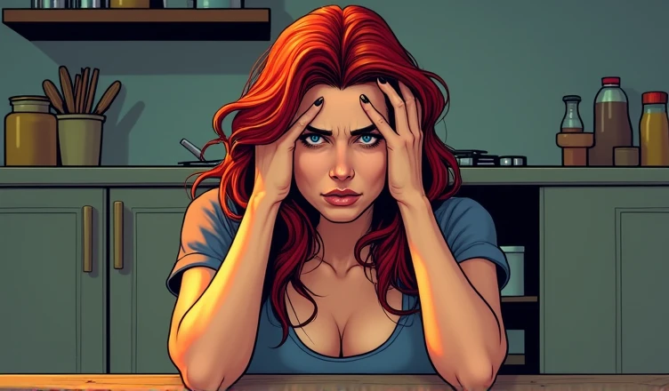 girl with long red hair, very sexy, in panties and tight plain t-shirt, marked nipples, small breasts, looks angrily as smoke comes out of her computer, broken computer, between shadows, oil painting, chiaroscuro, sensual, dramatic lighting, moody atmosphere, photorealistic, intricate details, masterpiece, ultra-detailed, high quality, 8k, best quality, realistic, cinematic, dark and brooding, expressionistic, powerful composition, emotional impact, Bill Sienkiewicz inspired art
