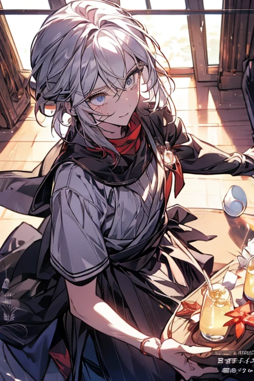 Anime characters sitting at tables，There was blood on the floor, [[[[grinning evily]]]], portrait gapmoe yandere grimdark, from girls frontline, gapmoe Yandere grimdark, Yandere, unsettling grin, Yandere. Tall, gapmoe Yandere, Is ((drink a tea))
