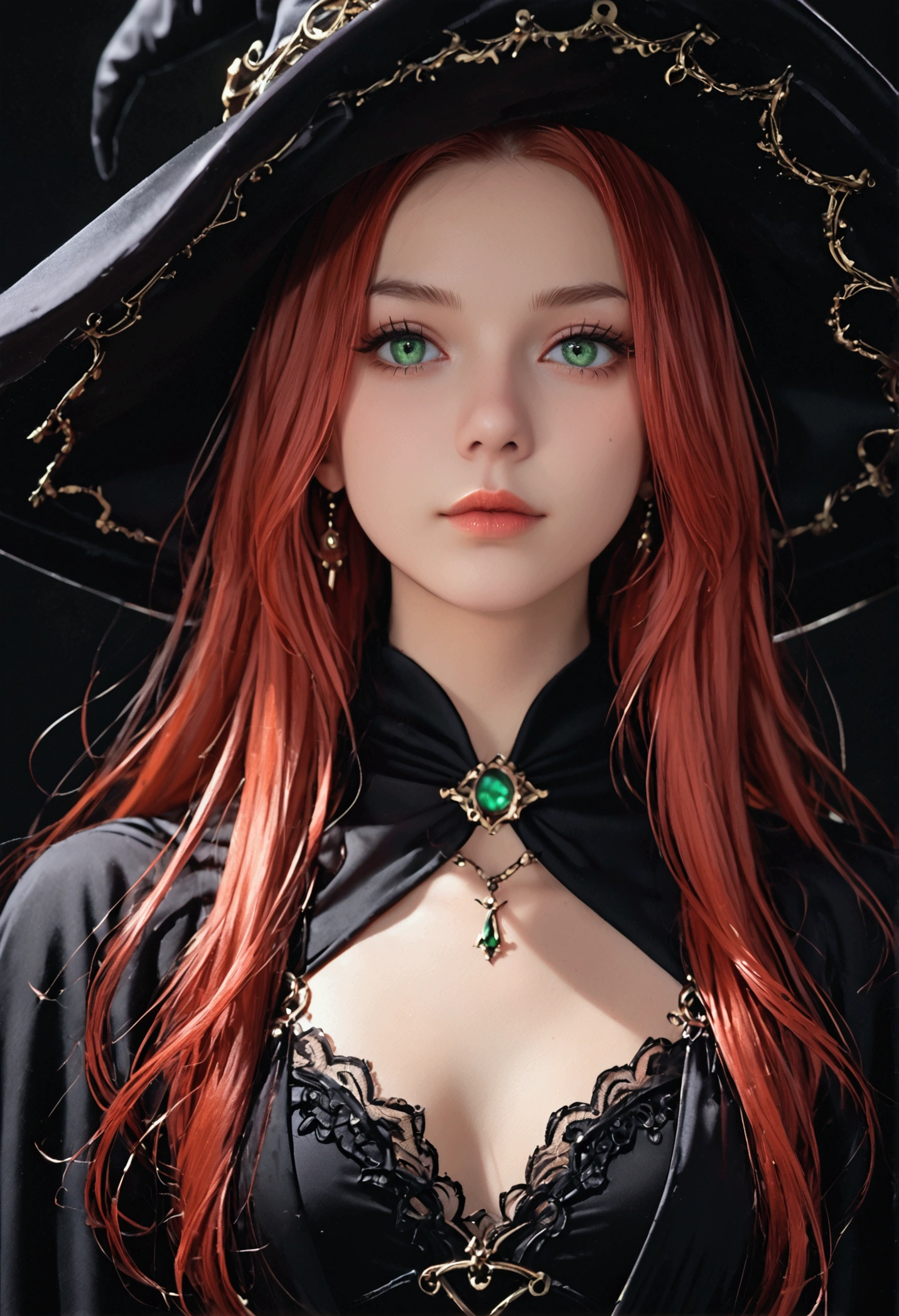 portrait, red-haired, witch, dressed in dark robes, green eyes, black background, Slim build,