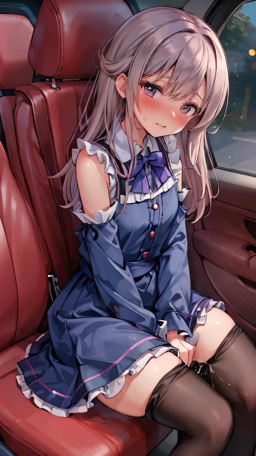 (8K, ultra-detailed, best quality, anatomically perfect body:2), (beautiful breast:1.2), shiny skin, (have to pee, shaking with the effort to hold pee), (desperate urge to pee), (very desperate to pee), (her bladder is at its limit, unable to hold pee), (in the car, sitting very shallowly, shrink:1.6), (peeing self), (frilled long dress, pantyhose:1.5), (ankle boots with heel:1.1), (panty pull:1.2), (Untidy hair:1.4), (She rubbing her crotch in agony very hard:1.8), (bent over:1.6), (jiggled, twisting and turning whole body:1.8), (panting), (orgasm:1.5), (full face blush:1.7), (embarrassment:1.6), (impatience:1.7), (flustered:1.5), breathless, (Humiliation), (turn on), (closed eyes:0.9), looking away, (arousal), (head tilt:1.2), (little open lips), (SIGMA 105 mm F/2.8, 1/100 sec shutter, award-winning), (ultra-detailed face:1.2), from side, nsfw,