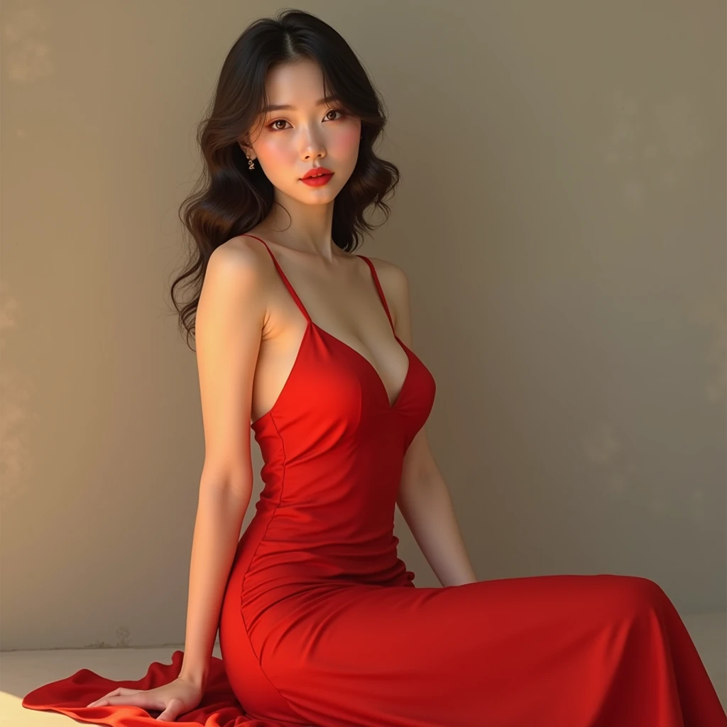 "Create a high-quality image featuring a woman with red hair, fair skin, and impeccable red lipstick application, exuding elegance and heightened sensuality. The lighting should be strategically arranged to play with light and shadow, enhancing her facial features and creating a glamorous atmosphere. The woman, now striking a pose that accentuates her feminine allure, should be dressed in a high-fashion piece, such as a form-fitting red gown with refined visual details like lace or embroidery. The camera should skillfully capture her, with adjusted depth of field to emphasize the protagonist and a blurred background adding an artistic touch to the composition. Utilize camera effects like soft bokeh and a carefully chosen color palette to craft a visually stunning and sensually captivating image."