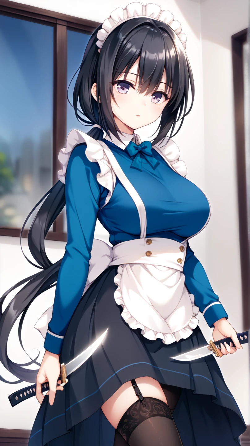  masterpiece , 1 married mature maid,　Short sword in hand :1.5 ,(( navy blue fabric accented with white fabric on the collar and hem, making it plain and less revealing:1.4)),(( tight long skirt with slits :1.4)), Long Sleeve ,White salon apron ,(( black garter belt with garter knife and black knee-high tights:1.2)),Height: 170cm, beautiful body line ,Big Breasts,(( black hair, low ponytail:1.4)), Woman with light purple eyes and a beautiful and cool face , beautiful model standing, viewed from oblique front,