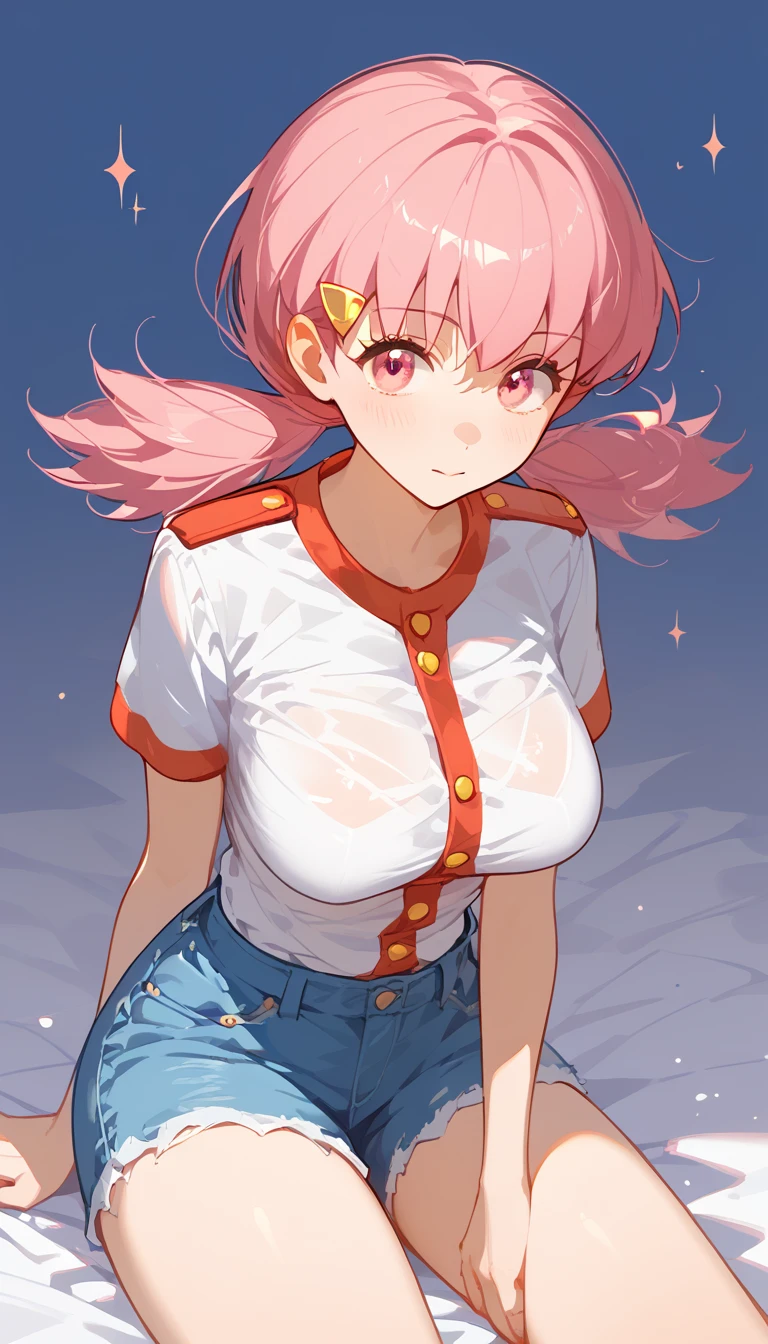 (8k,  top quality,   masterpiece  :1.3), pose, 1 girl in uniform,  very beautiful face  , random expression ,ＪＫ_ style for stilets ,(Age 19),Big Breasts,zzWhitney, pink eyes, pink hair, pigtails, hair clip, white shirt, denim shorts,