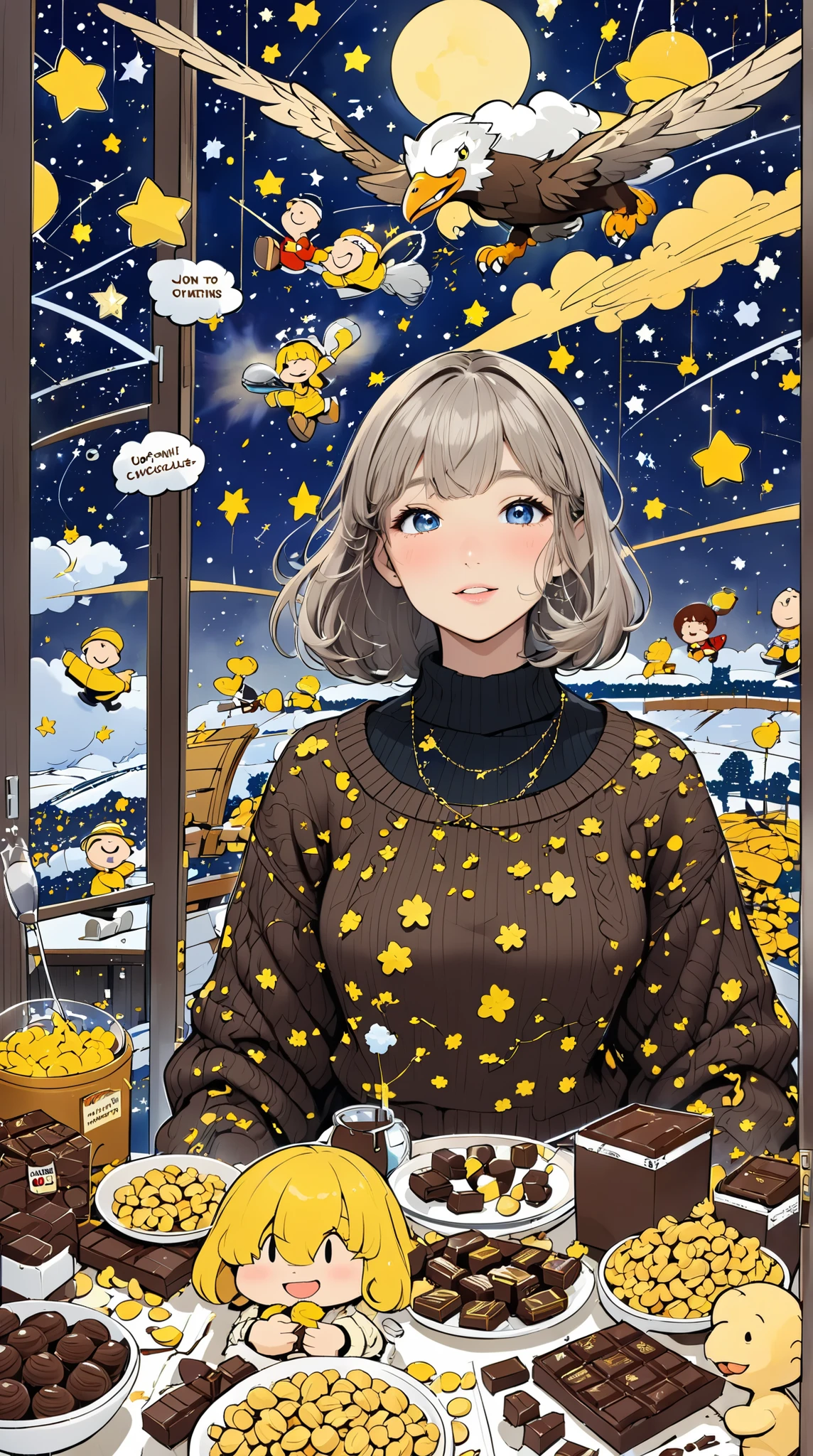 Sky, IT, peanuts, Lady in knit sweater, She gets into your mind, Join, chocolate, starlight, entrepreneur, eagle, roop, Ponte, Media, Stars in the sky and the moon, Lab