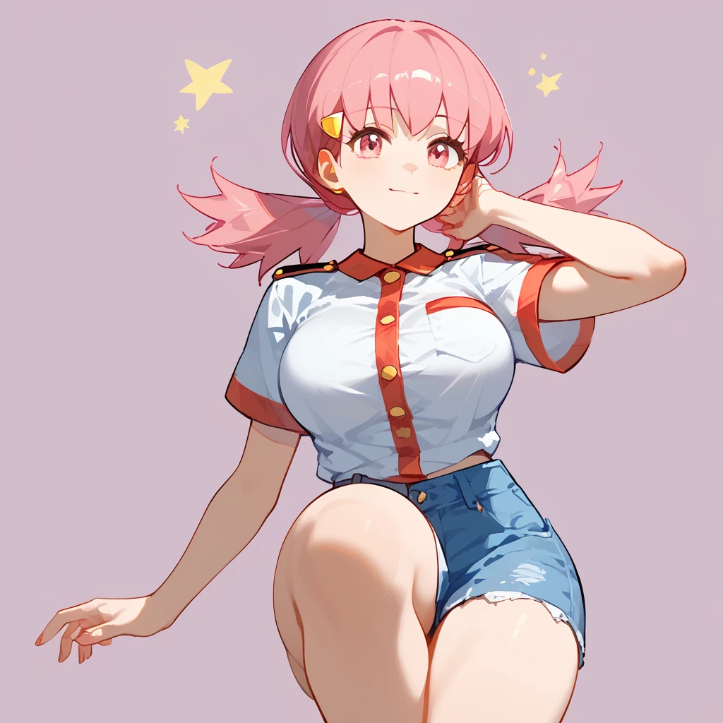 (8k,  top quality,   masterpiece  :1.3), pose, 1 girl in uniform,  very beautiful face  , random expression ,ＪＫ_ style for stilets ,(Age 19),Big Breasts,zzWhitney, pink eyes, pink hair, pigtails, hair clip, white shirt, denim shorts,nsfw