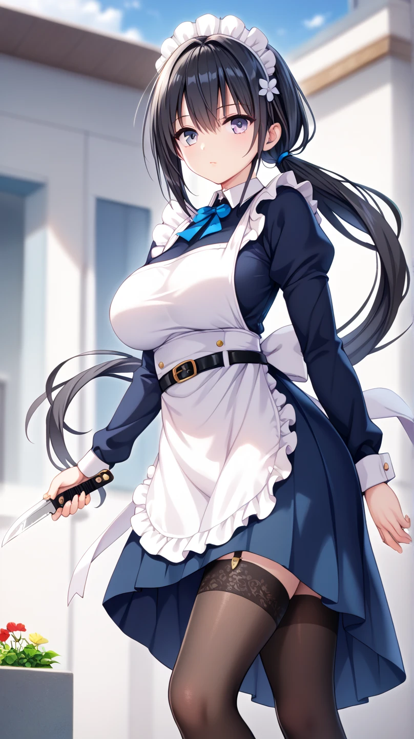  masterpiece , One Assassin, Maid Chief ,　Short sword in hand :1.5 ,(( navy blue fabric accented with white fabric on the collar and hem, making it plain and less revealing:1.4)),(( tight long skirt with slits :1.4)), Long Sleeve ,White salon apron ,(( black garter belt with garter knife and black knee-high tights:1.2)),Height: 170cm, beautiful body line ,Big Breasts,(( black hair, low ponytail:1.4)),, Beautiful, and Cool Faced Woman with Light Purple Eyes, beautiful model standing, viewed from oblique front,