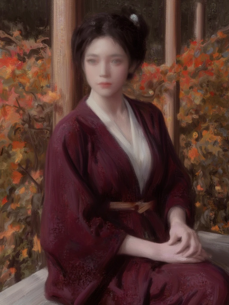 Image is a digital artwork featuring a woman in a traditional Japanese setting. She is seated on a wooden structure, surrounded by wooden beams and autumn foliage. The woman has fair skin and delicate facial features, with her hair styled in an elegant updo adorned with a hairpin. She is wearing a deep burgundy kimono with intricate patterns, layered over a lighter inner garment, and a wide obi belt. Her posture is relaxed, with one leg crossed over the other. The lighting is soft, casting gentle shadows and highlighting the textures of the fabric and wood. The overall composition conveys a serene and contemplative atmosphere, with a focus on traditional Japanese aesthetics.