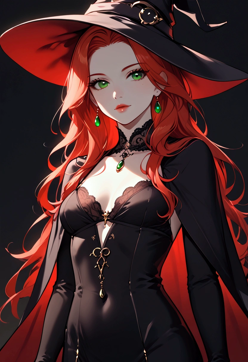 photorealistic, (hyperrealistic:1.2), beautiful, masterpiece, best quality, extremely detailed face, perfect lighting, full body, large breasts,long hair, ((red hair)), wavy hair,full lips,thick eyebrows,gold eyes,black choker,dark lipstick,witch hat, one eye, asymmetrical bangs