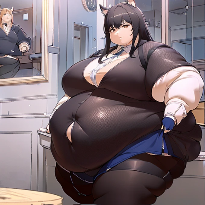   super high resolution , 最   High Quality   ,   super detailed, 4K,   1 girl, (8k,   High Quality   ,    masterpiece    , 最   High Quality   ,   super detailed, Detailed aspects , Delicate hands,   one woman,   one woman ,   one girl, Texas (   Arknights  ), Alone,   animal ears   , ロング   black hair  ,   black hair  ,Inside the house, extreme obese body  ,特大のBig Breasts, 特大Big Breasts,   huge thighs   , ((Big Breasts, Big Breasts,   huge thighs   , Big belly ))   dynamic poses   ,Big belly