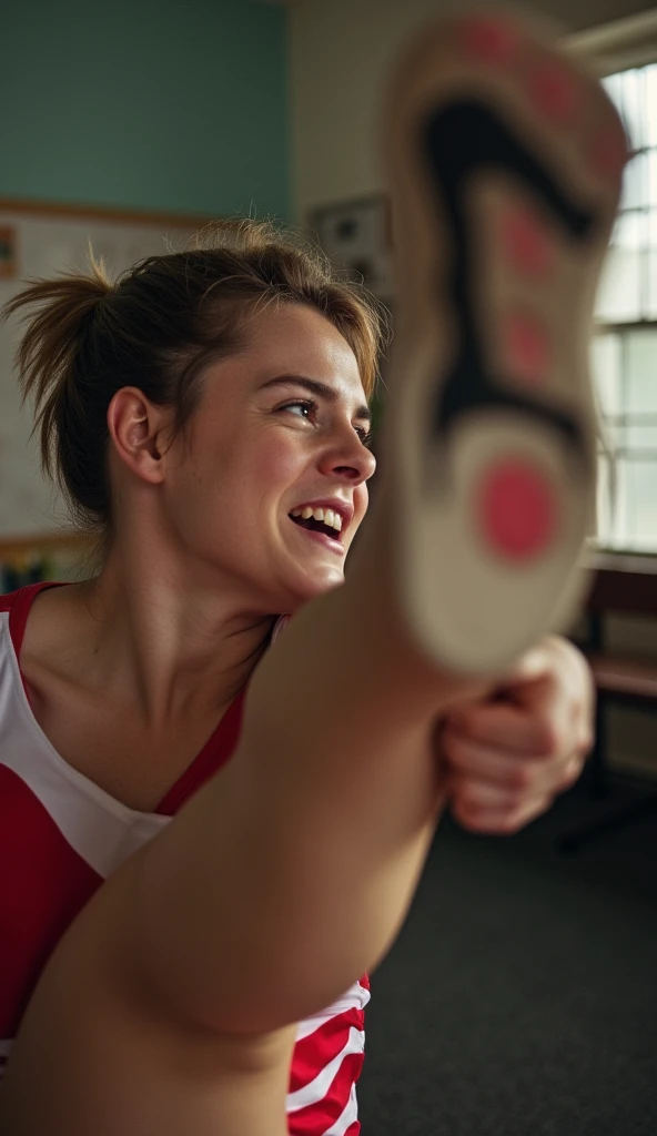  A male teacher with European and American looks being kicked in the face ， Turn your face back and face the picture ，The face is the focus of the picture ， The back is the leg of a girl in a red cheerleading uniform， Imagine being kicked by her ， background blur， Man's face in the foreground ，Woman's legs in the background 
