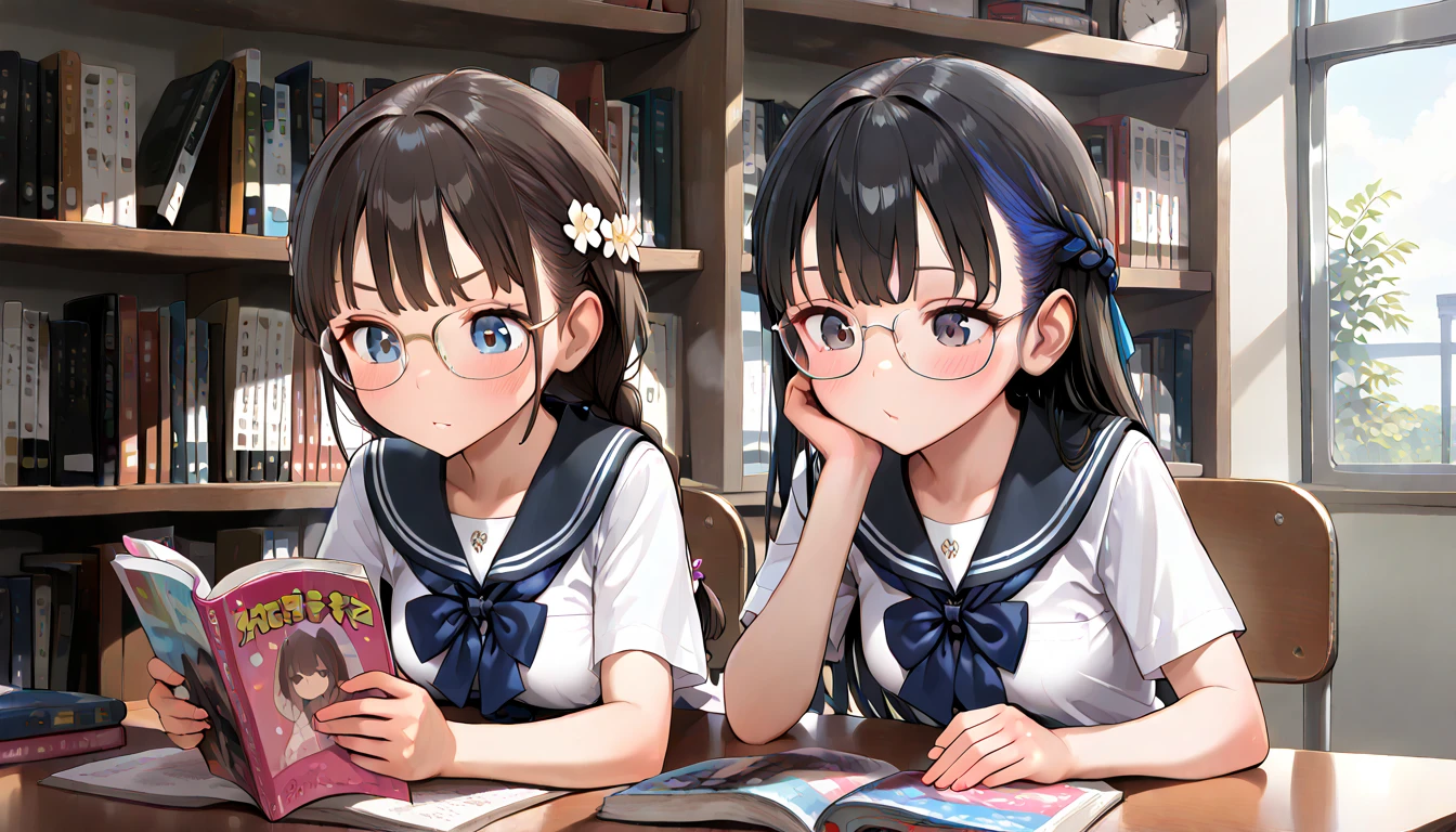 ((top quality)),((masterpiece)),((perfect face)),(ultra-detailed),ultra high res, 8k, 2girls, braided hair, glasses, streaked hair, school uniform, library, porn magazine, reading, exquisite, (very aesthetic:1.2), (absurdres:1.2), (detailed background),newest, perfect anatomy, 