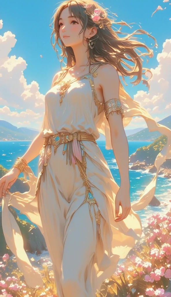 ((best quality)), ((masterpiece)), (detailed), Orfeo ed euridice, ancient greek mythology, sunrise at the sea