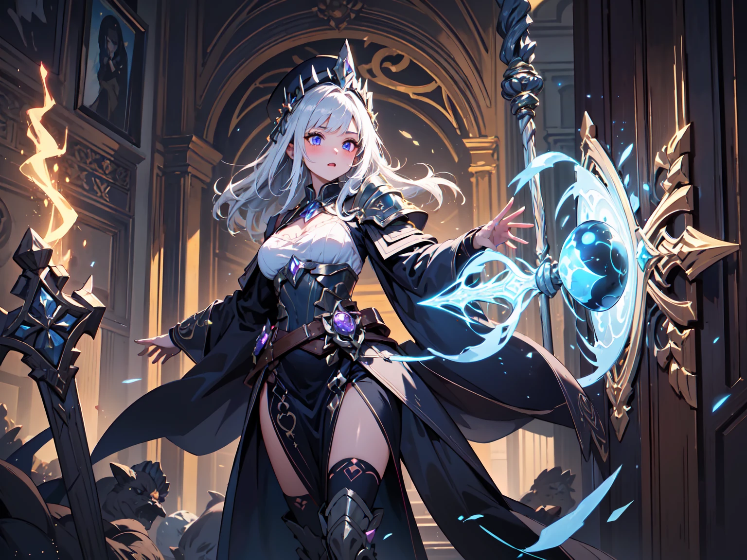 masterpiece, best quality, (extremely detailed CG unity 8k wallpaper, masterpiece, best quality, ultra-detailed, best shadow), (detailed background), (beautiful detailed face, beautiful detailed eyes), High contrast, (best illumination, an extremely delicate and beautiful),1girl,((colourful paint splashes on transparent background, dulux,)), ((caustic)), dynamic angle,beautiful detailed glow,full body, cowboy shot, colorful, 1girl, white hair, purple eyes, dual wielding, sword, holding sword, blue flames, glow, glowing weapon, light particles, wallpaper, chromatic aberration, (detailed background,dark fantasy), (beautiful detailed face), high contrast, (best illumination, an extremely delicate and beautiful), ((cinematic light)), colorful, hyper detail, dramatic light, intricate details, depth of field,black light particles,(broken glass),magic circle,